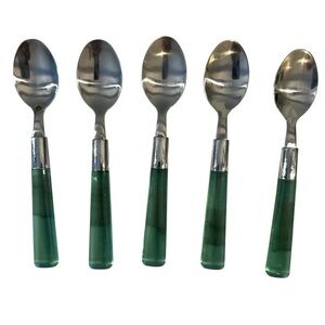 Vintage Emerald Green Acrylic Handle Stainless Flatware Set of 5 Spoons